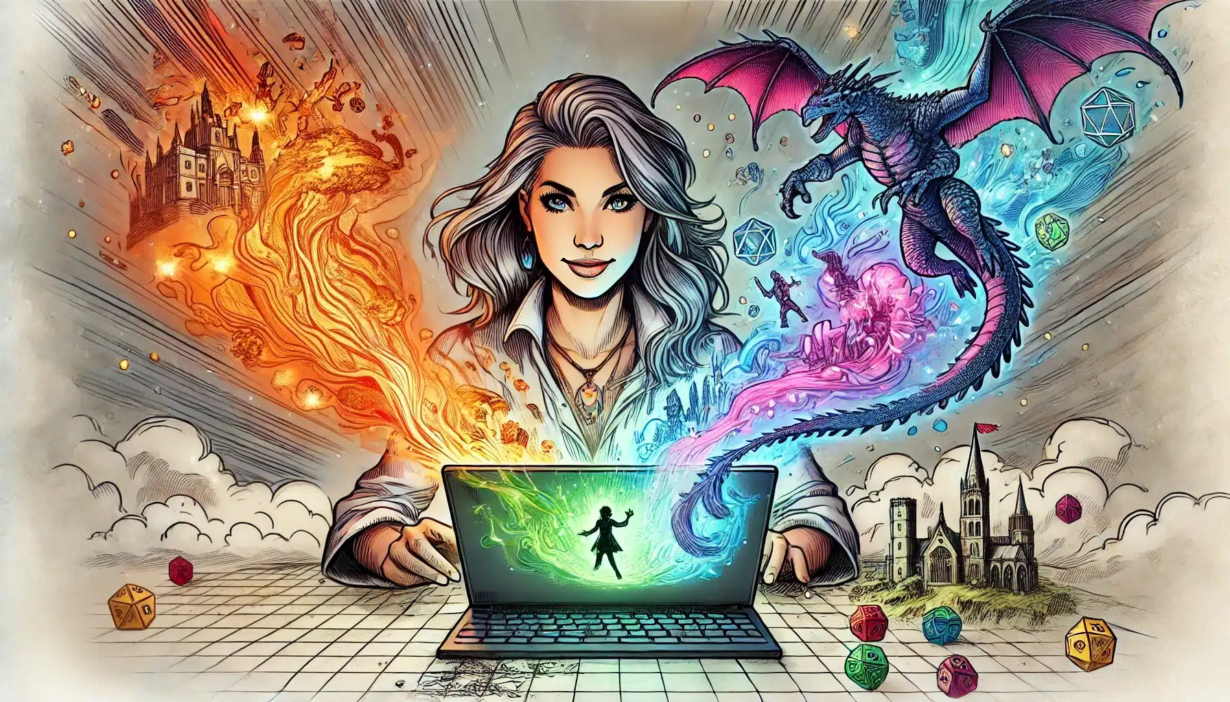A woman sits at a laptop, immersed in the world of tabletop RPGs, surrounded by colorful fantasy elements: fiery castles, a purple dragon, dice, and miniature figures. Energy streams from the screen, merging reality with imagination. The scene is vibrant and dynamic.
