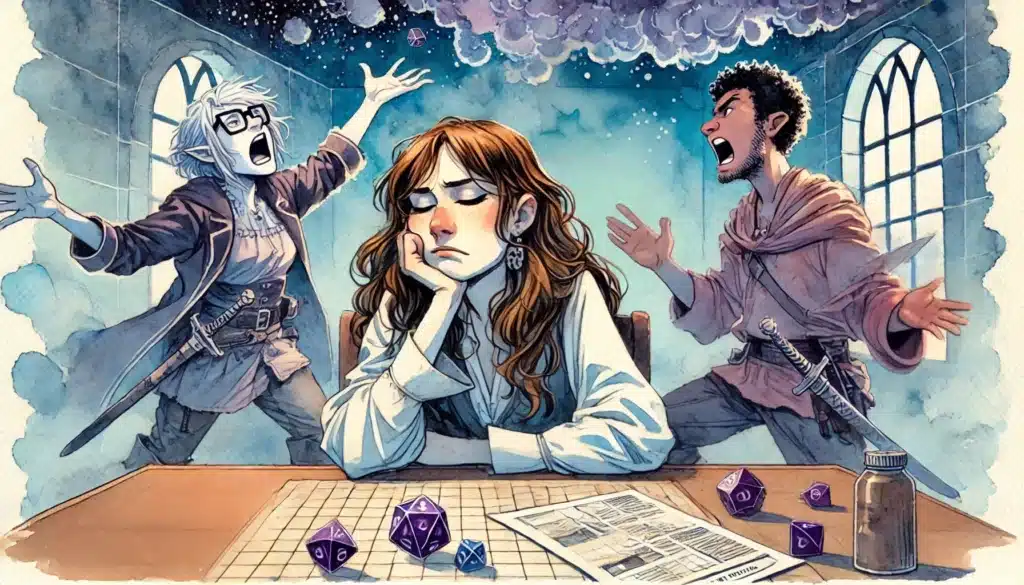 A person sits at a table with dice and a character sheet, visibly frustrated as two others animatedly argue on either side. The setting is classic tabletop RPG, complete with swords and a cloudy sky ceiling, evoking the spirit of epic quests in Pathfinder RPG.