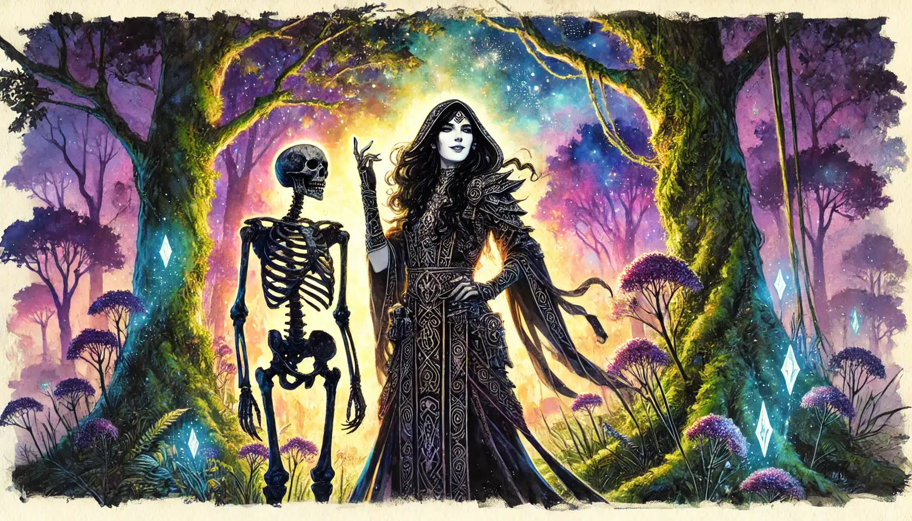 A mystical scene reminiscent of a ttrpg encounter depicts a woman in an ornately patterned robe standing confidently beside a skeleton in an enchanting forest. Dazzling lights and stars illuminate the vibrant purple and green foliage, creating a magical atmosphere.