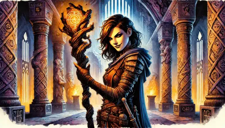 In a grand hall filled with carved pillars, a fantasy character in elaborate armor stands poised. With her glowing staff in hand, she embodies the essence of a DND hero. Torches cast warm light, crafting an atmospheric and mystical world worthy of any tabletop RPG adventure.