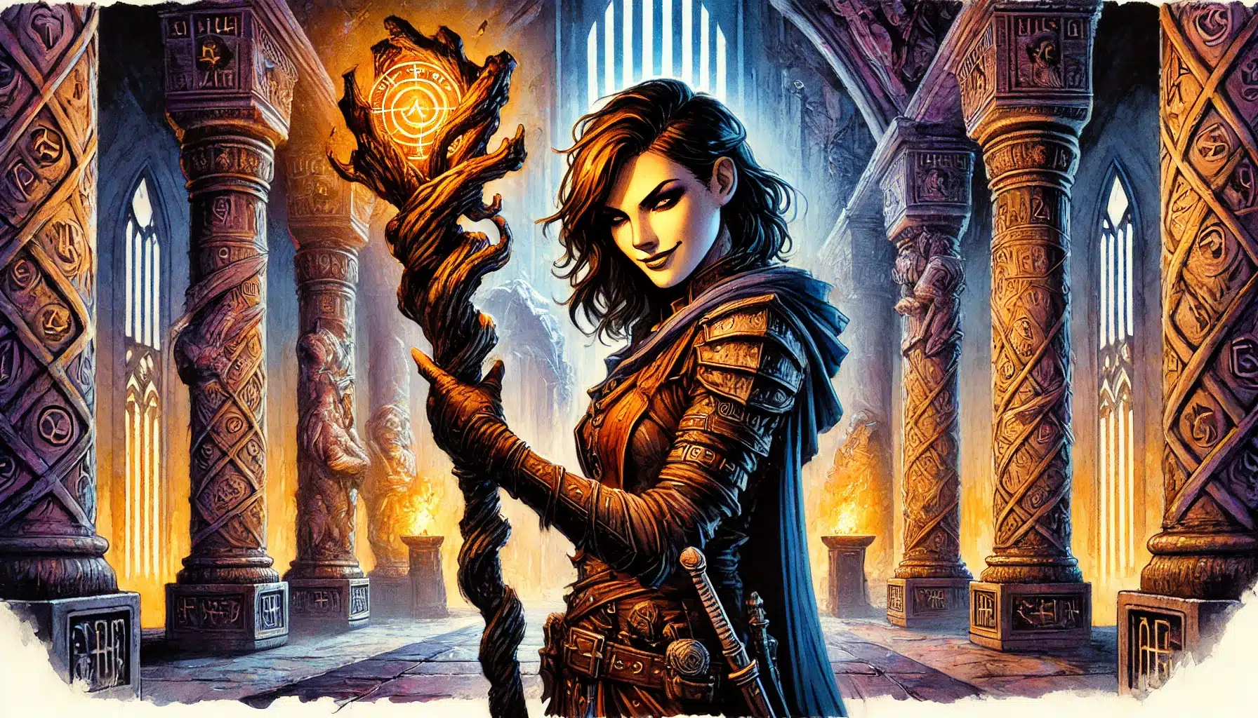 In a grand hall filled with carved pillars, a fantasy character in elaborate armor stands poised. With her glowing staff in hand, she embodies the essence of a DND hero. Torches cast warm light, crafting an atmospheric and mystical world worthy of any tabletop RPG adventure.