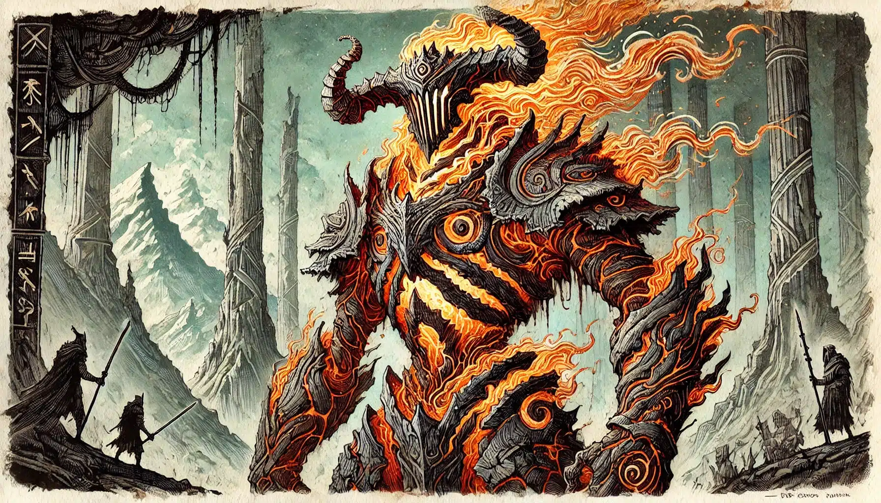 In a snowy mountain landscape, a powerful, fiery creature with intricate molten armor stands as if summoned from the realms of DND. Its body, adorned with blazing orange flames and detailed carvings, casts an otherworldly glow on surrounding figures silhouetted against the cold, rugged scenery.