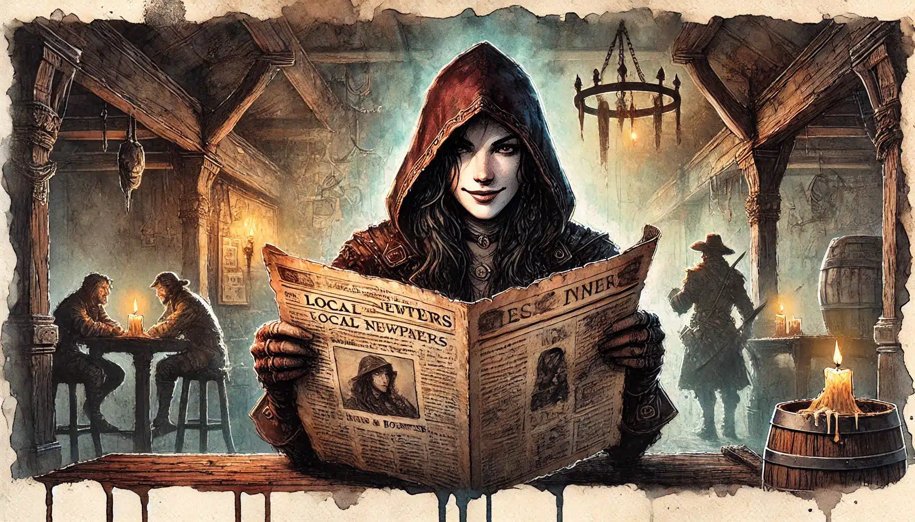 A mysterious figure in a red hooded cloak reads a newspaper in a dimly lit tavern, reminiscent of a Dungeons & Dragons scene. The rustic wooden décor, candlelit tables, and shadowy figures evoke an enchanting medieval fantasy ambiance.