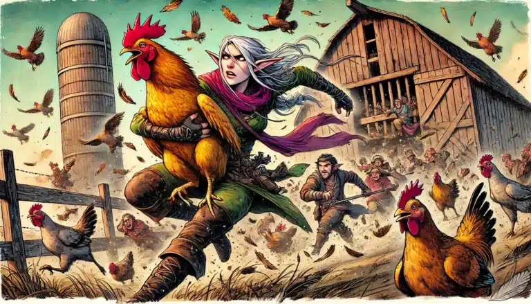 A woman with silver hair dashes through a fantasy farm, clutching a large rooster, chased by angry farmers. Chickens scatter chaotically, and a barn and silo stand under the dramatic flight of birds. Its as if a DND scene comes to life in this action-packed moment.