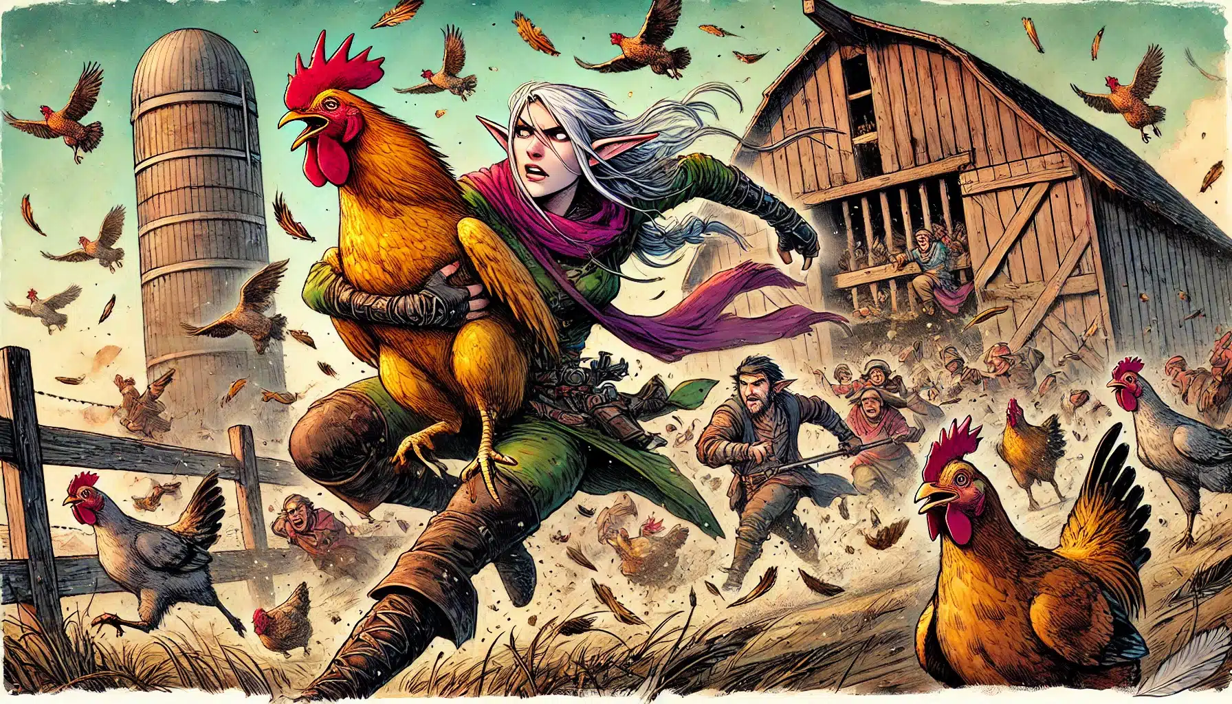 A woman with silver hair dashes through a fantasy farm, clutching a large rooster, chased by angry farmers. Chickens scatter chaotically, and a barn and silo stand under the dramatic flight of birds. Its as if a DND scene comes to life in this action-packed moment.