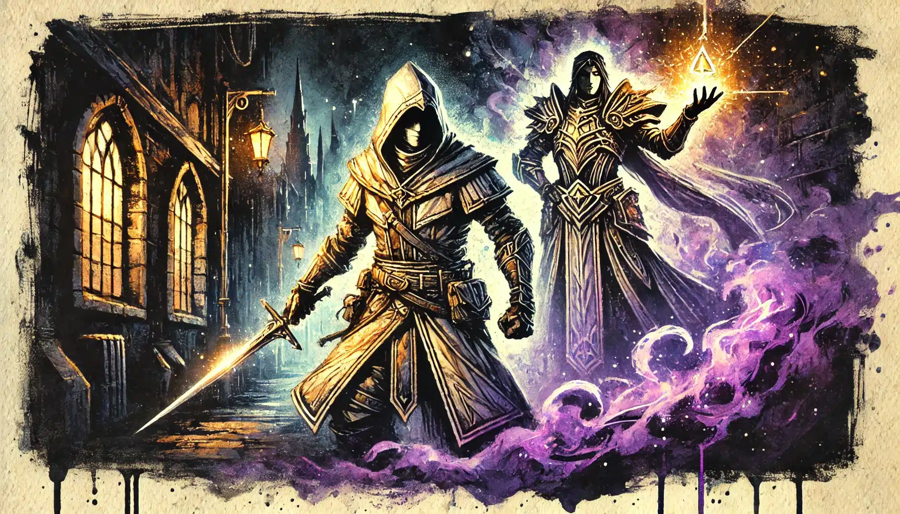 A fantasy illustration of two hooded figures perfect for a DND campaign. One wields a sword on the dimly lit street, while the other casts a spell in mystical robes, surrounded by swirling purple energy. Both exude mystery and power in this gothic, medieval setting reminiscent of Dungeons & Dragons.