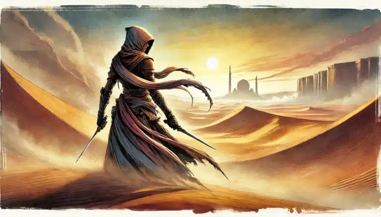 A cloaked figure stands on desert dunes at sunset, holding two swords. Their cloak and scarf billow in the wind. A distant city with domed buildings appears on the horizon under a vibrant sky, like a scene from a Pathfinder RPG adventure.