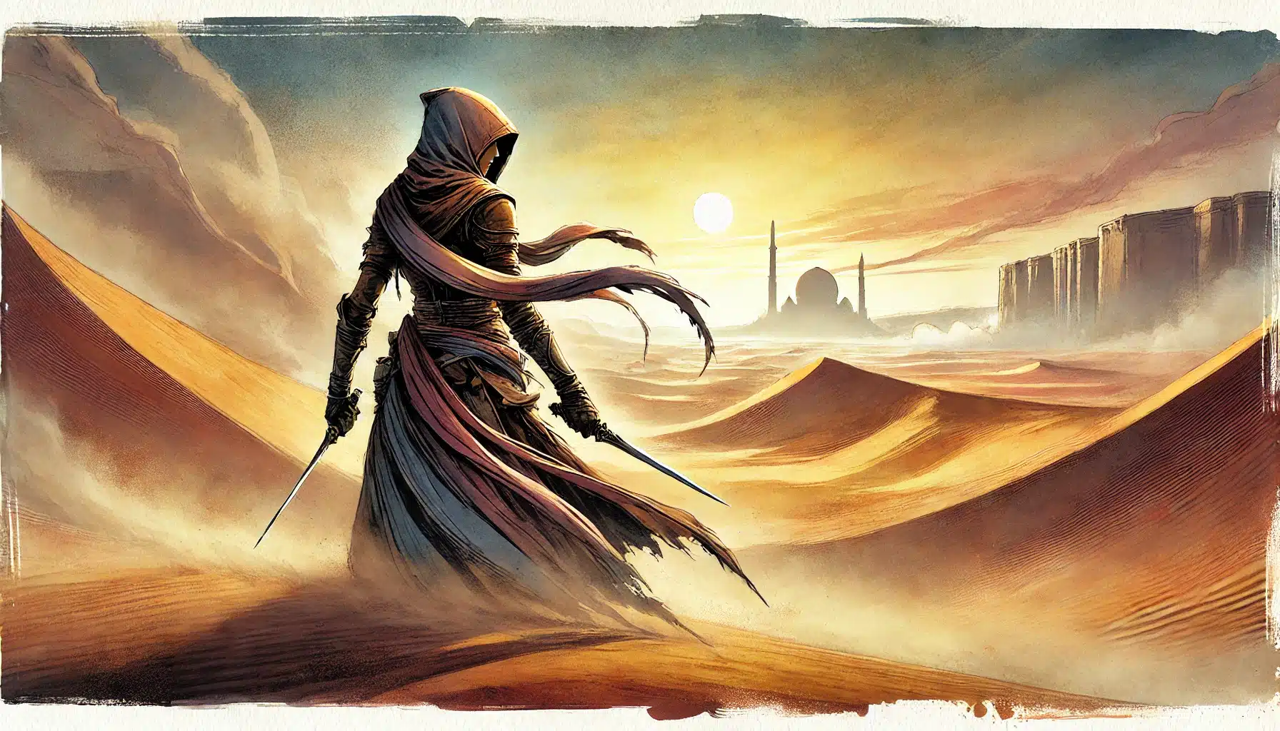 A cloaked figure stands on desert dunes at sunset, holding two swords. Their cloak and scarf billow in the wind. A distant city with domed buildings appears on the horizon under a vibrant sky, like a scene from a Pathfinder RPG adventure.