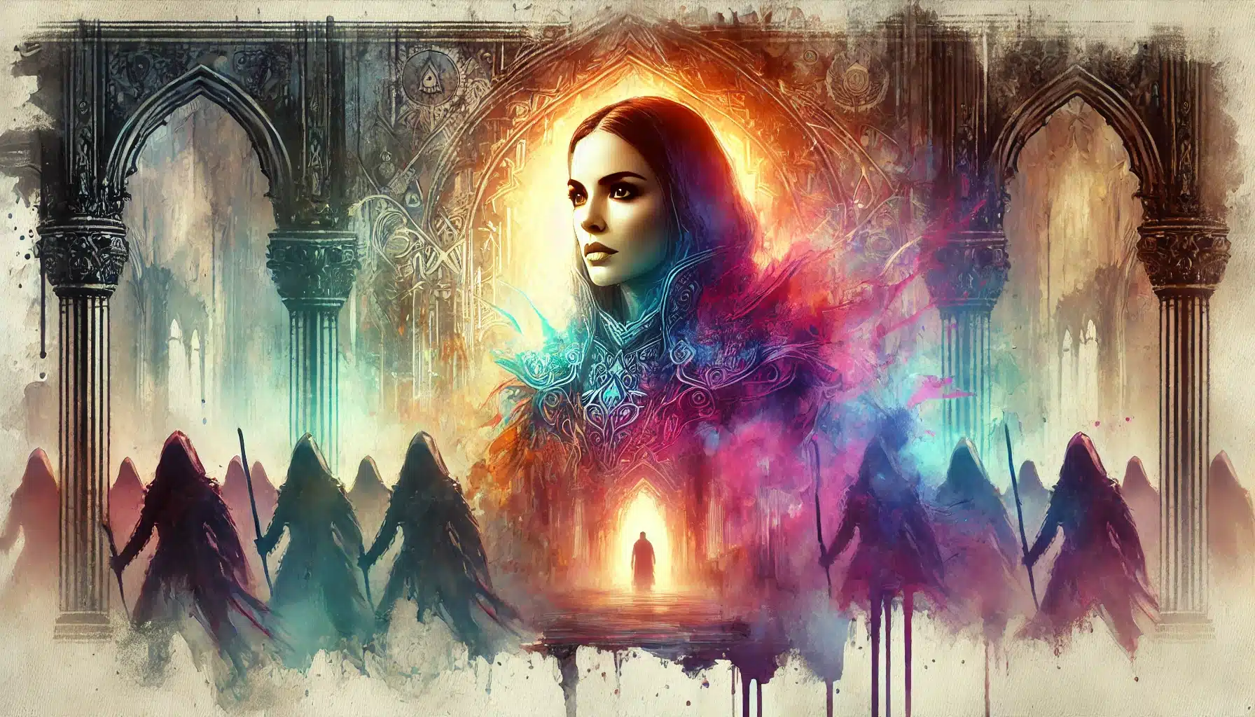 A surreal illustration featuring a woman’s face emerging from a vibrant, swirling burst of colors. Silhouetted figures hold hands below, akin to characters in a fantasy tabletop RPG, with a doorway behind them, surrounded by intricate, ornate architecture.