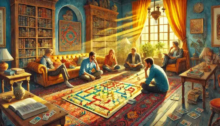 A group of six people sits in a cozy, sunlit living room playing a Dungeons & Dragons campaign. The space is richly decorated with bookshelves, a large window, plants, and vibrant rugs. Warm sunlight streams in, creating a relaxed, inviting atmosphere.