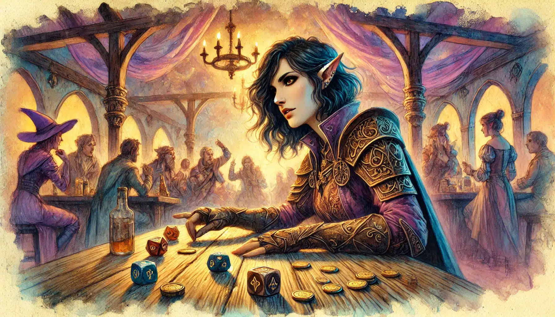 In a medieval tavern buzzing with Dungeons & Dragons energy, a focused elf in intricate armor plays dice at a wooden table. Patrons chat and drink beneath chandeliers casting warm light. Coins and dice scatter, capturing the essence of this fantasy scene.
