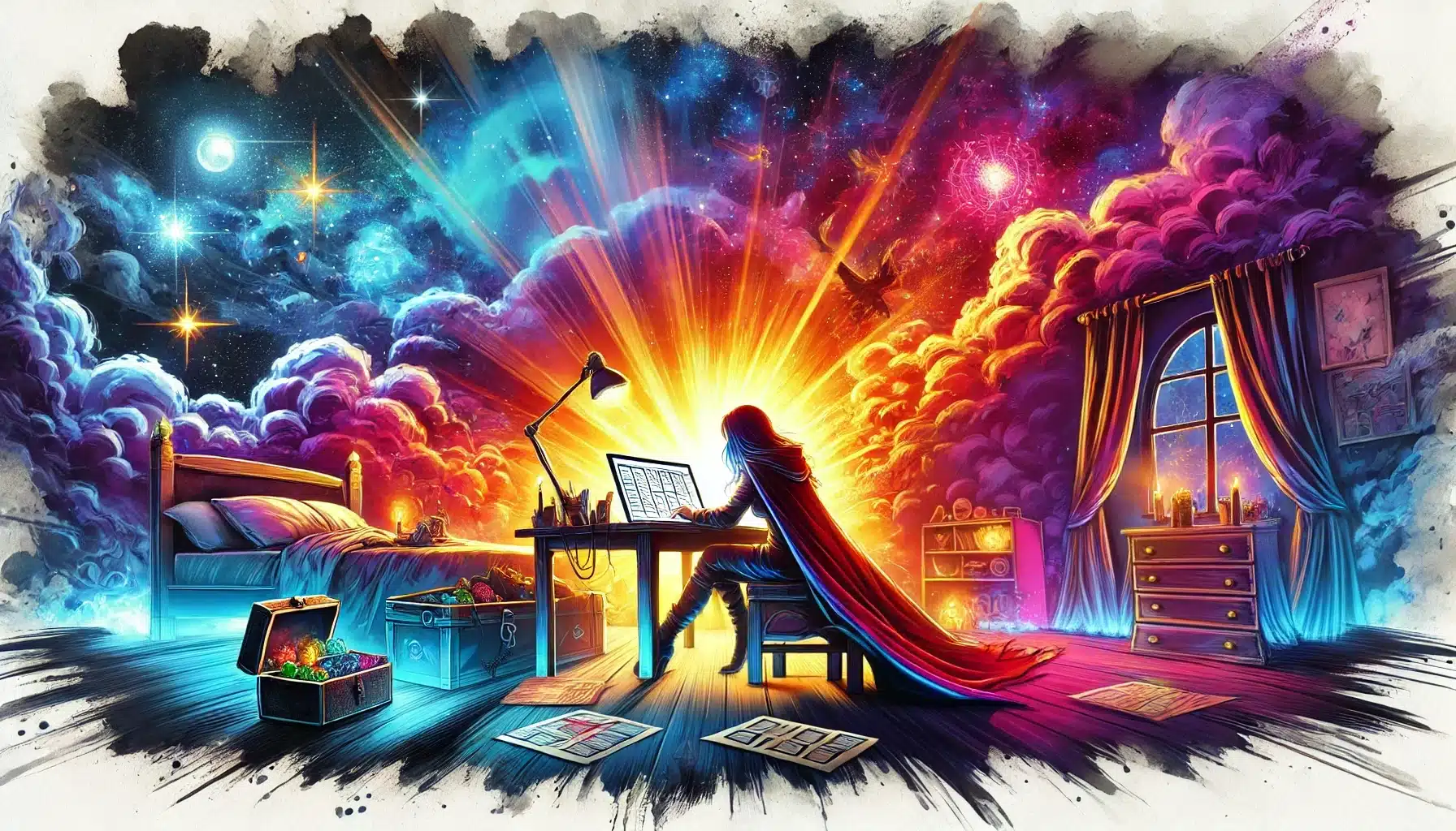 A person in a red cape sits at a desk in a vibrant, surreal room reminiscent of a Dungeons & Dragons landscape. On one side, a starry night sky with a bed; on the other, a colorful dawn with clouds. Papers and pencils surround the desk as if preparing for an epic ttrpg campaign.