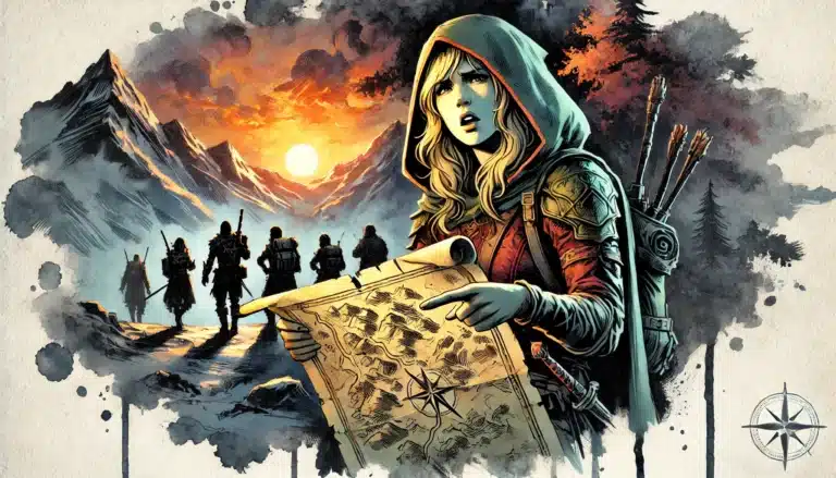 A fantasy illustration of a female adventurer with a hood, holding a map. Behind her, explorers trek toward snow-capped mountains under a vibrant sunset sky. She carries a quiver of arrows and a sword, reminiscent of DND or Pathfinder RPG characters. A compass rose graces the corner.