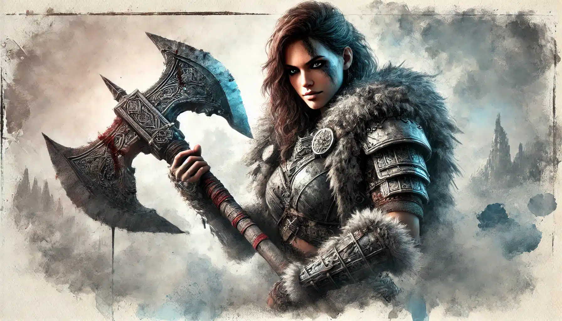 Amidst a misty, rugged landscape, a fierce warrior woman in ornate armor and fur wields an intricately designed axe. Her intense gaze speaks of strength and determination, embodying the spirit of a fantasy Pathfinder RPG hero.