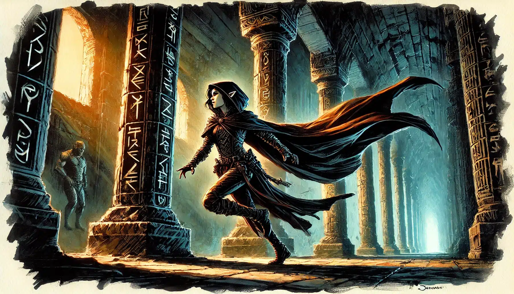 A cloaked figure dashes through a dimly lit ancient corridor, surrounded by towering stone pillars carved with glowing runes. Sunlight streams through a window, casting an ethereal glow on this fantasy scene—reminiscent of an epic Pathfinder RPG adventure—as another shadowy figure stands in the background.