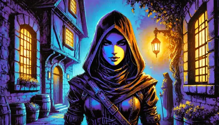 Illustration of a mysterious hooded figure in a medieval town reminiscent of a classic tabletop RPG setting. The person, with intense eyes, stands before a stone building with warm lit windows. Street lanterns cast an orange glow, evoking the world of Dungeons & Dragons, as another cloaked figure lurks in the background.