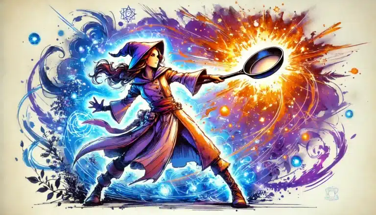 A female sorceress in a flowing robe and hat wields a frying pan, casting a vibrant, magical spell. She stands amidst swirling blue and orange energies, reminiscent of a dynamic DND adventure scene.