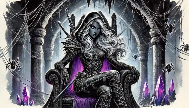 In a dimly lit, web-covered ancient ruin, a mystical, armored woman with long white hair sits on a stone throne. Her intense gaze conveys power and mystery as shes surrounded by spiders and glowing purple crystals—an enchanting scene straight from a fantasy RPG like Pathfinder.