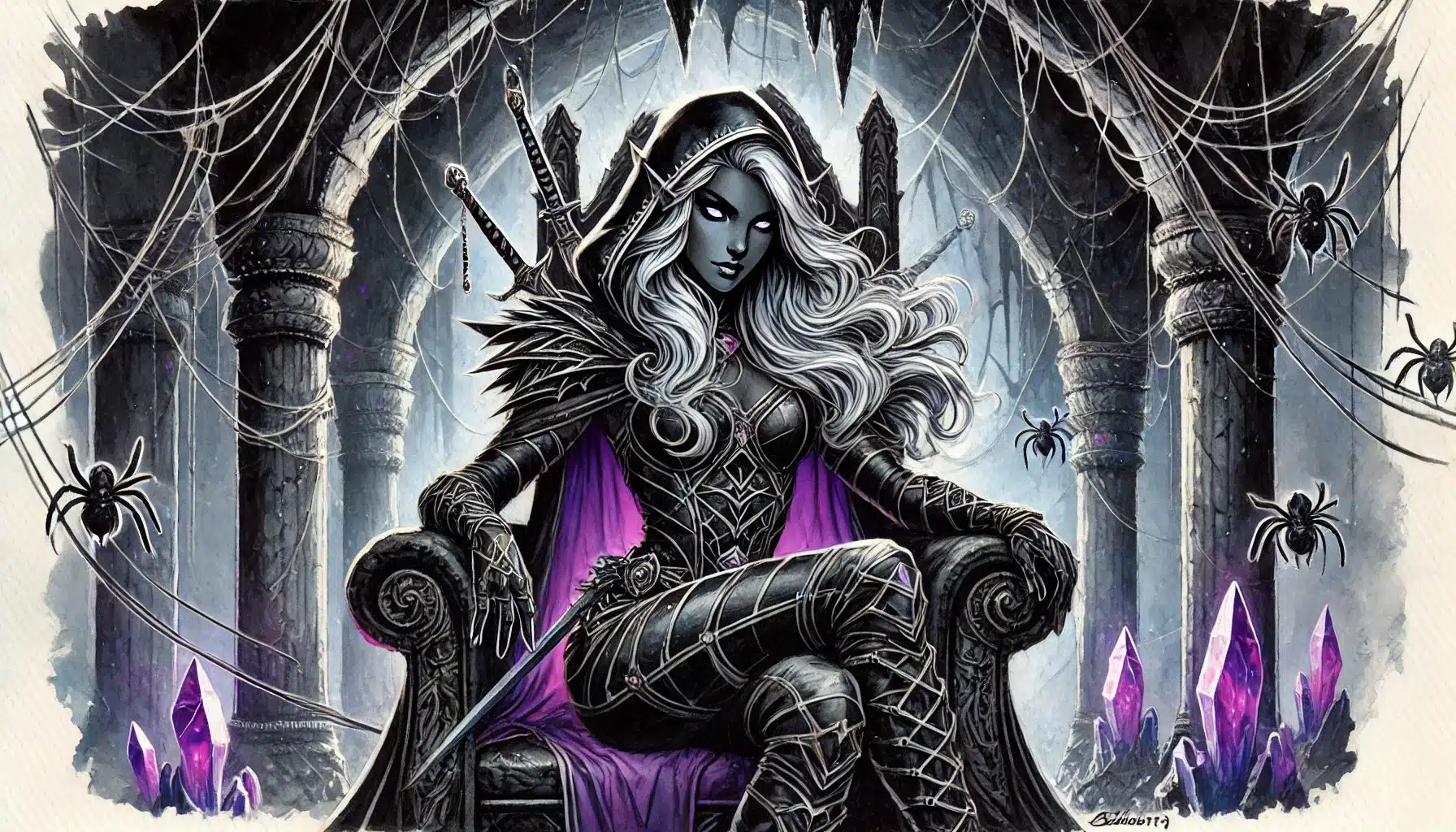 In a dimly lit, web-covered ancient ruin, a mystical, armored woman with long white hair sits on a stone throne. Her intense gaze conveys power and mystery as shes surrounded by spiders and glowing purple crystals—an enchanting scene straight from a fantasy RPG like Pathfinder.