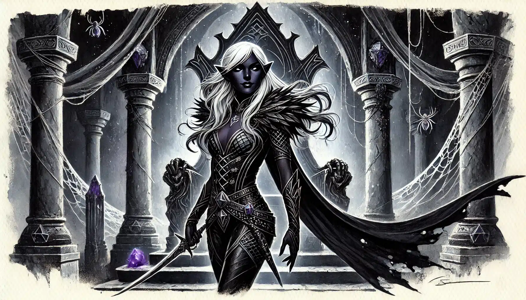In a gothic hall reminiscent of a fantasy realm, a dark elf with white hair stands confidently. Clad in detailed armor and wielding two daggers, she epitomizes the intrigue of tabletop RPG adventures. Stone pillars, cobwebs, and glowing purple crystals enhance the eerie atmosphere.