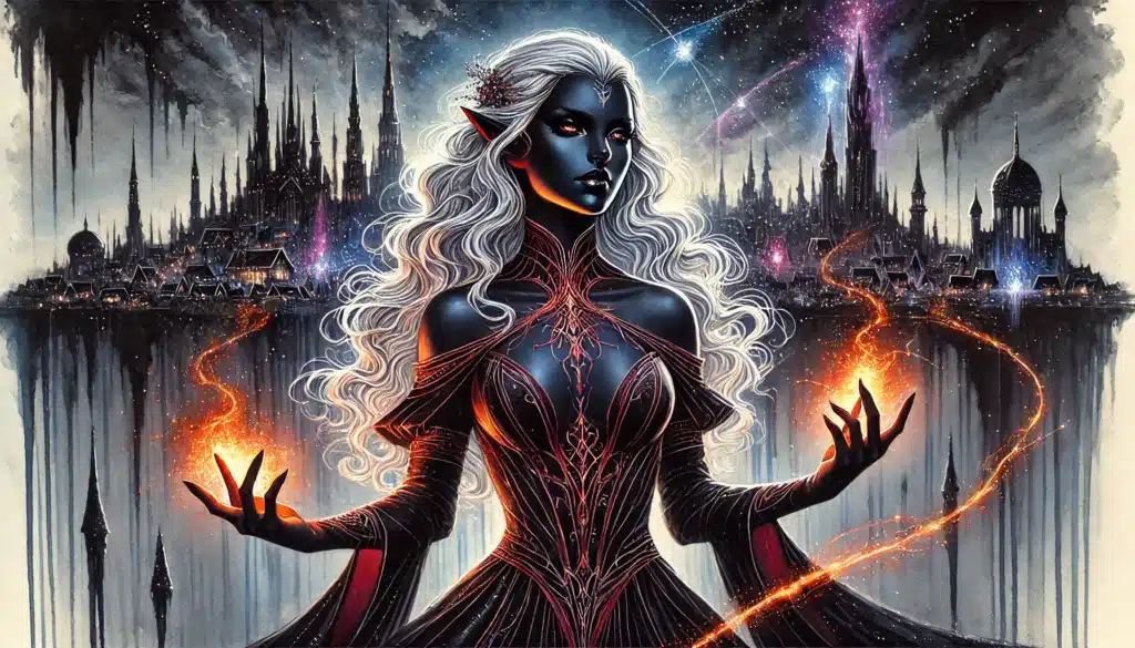 A mystical figure with dark skin and long white hair stands, fiery orbs in her hands casting a Dungeons & Dragons-like aura. Her elaborate dress and pointed ears enhance the fantasy, while a fantastical cityscape under starry skies paints a ttrpg dreamscape.