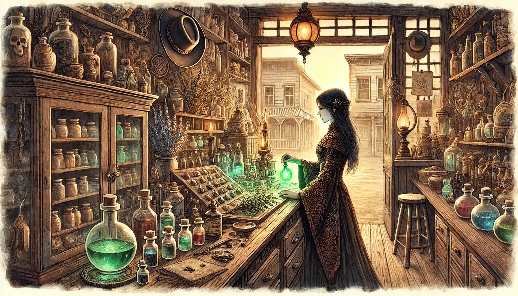 In a quaint apothecary that feels like stepping into a DND campaign, a woman studies a glowing green potion. Shelves brim with jars and bottles as sunlight streams through the window, highlighting the rustic interior filled with objects that could belong in any Pathfinder RPG adventure.
