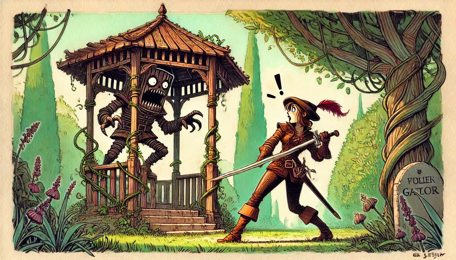 A surprised adventurer, straight out of a Pathfinder RPG, with a feathered hat and sword, confronts a menacing wooden robot emerging from a gazebo draped in vines. Nearby, a gravestone marked GATOR adds mystery to this captivating tabletop RPG scene.