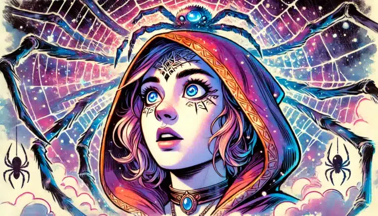A mystical illustration features a wide-eyed woman with facial markings, donned in a Dungeons & Dragons-inspired red hooded cloak adorned with ornate patterns. She gazes upward, enveloped by a luminous spider web and several spiders against a cosmic backdrop.