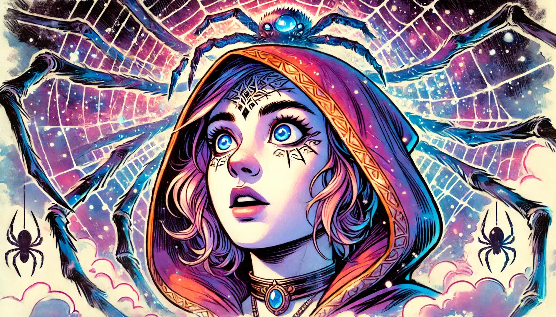 A mystical illustration features a wide-eyed woman with facial markings, donned in a Dungeons & Dragons-inspired red hooded cloak adorned with ornate patterns. She gazes upward, enveloped by a luminous spider web and several spiders against a cosmic backdrop.