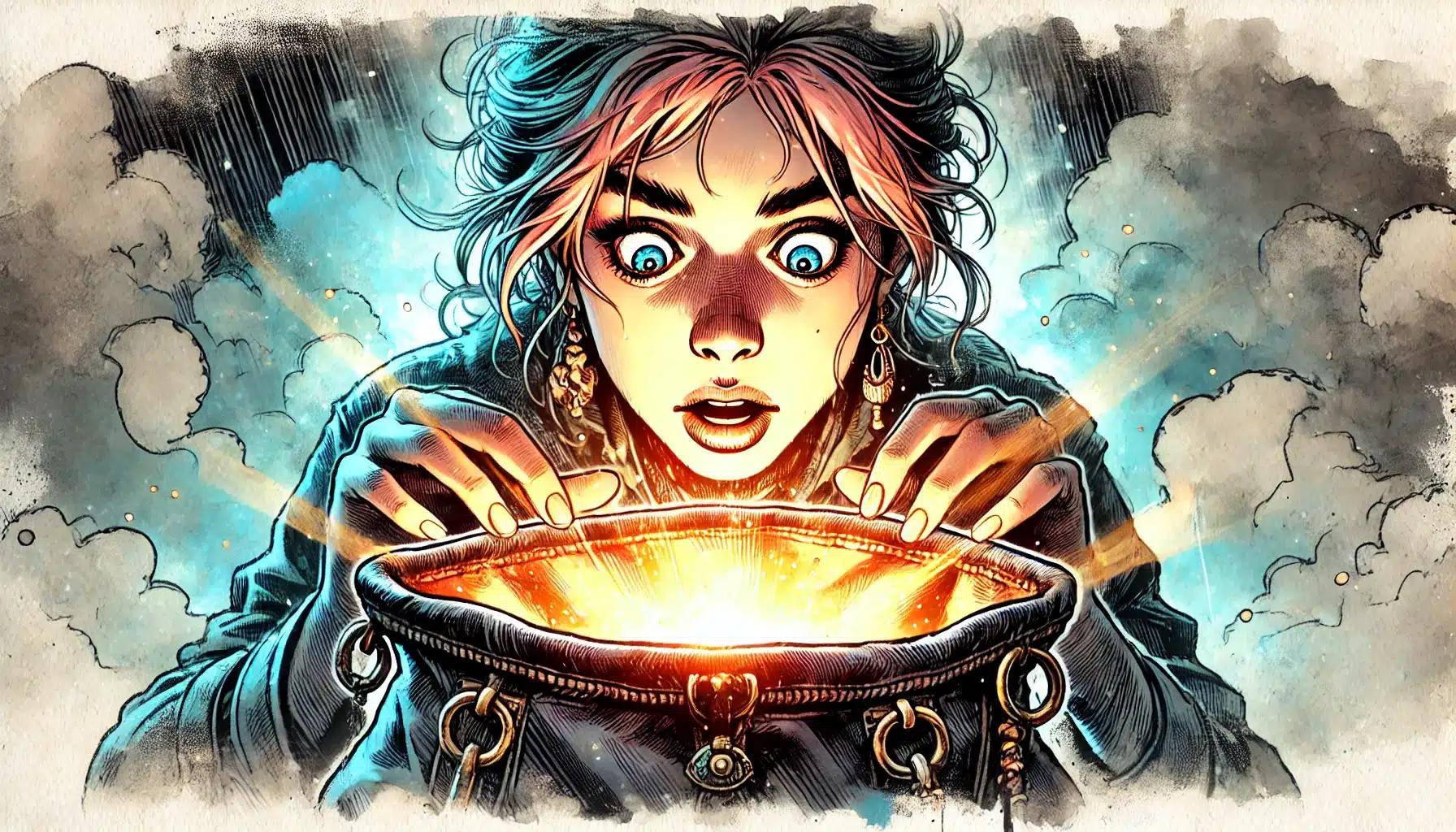 A woman with wide eyes gazes in awe at a glowing, magical purse that emits a bright light, reminiscent of a treasure from a ttrpg. Surrounded by swirling clouds, she wears earrings and has her hair tied back, enhancing the mystical, fantasy atmosphere of this enchanting scene.