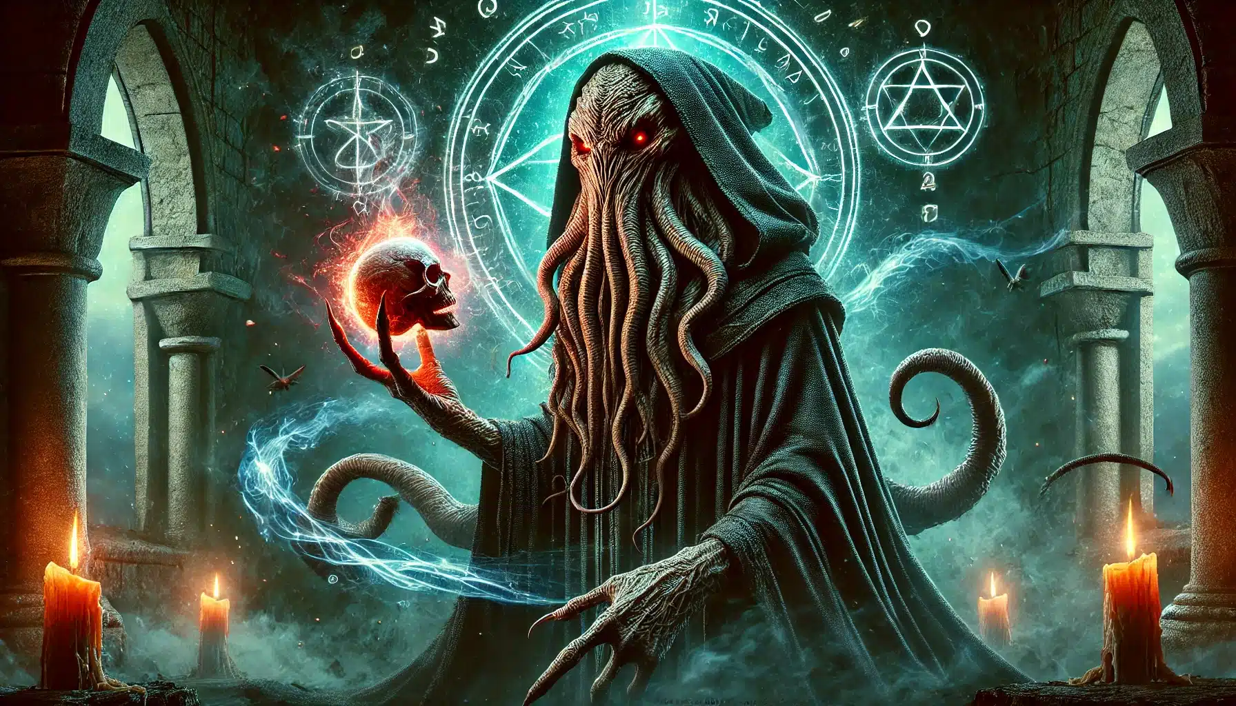 A mysterious, tentacled figure in a hooded robe holds a glowing skull, evoking the mystique of Dungeons & Dragons. Arcane symbols and circles float in the background, enhancing this fantasy scene. Candles flicker on either side, casting an eerie glow worthy of any ttrpg adventure.