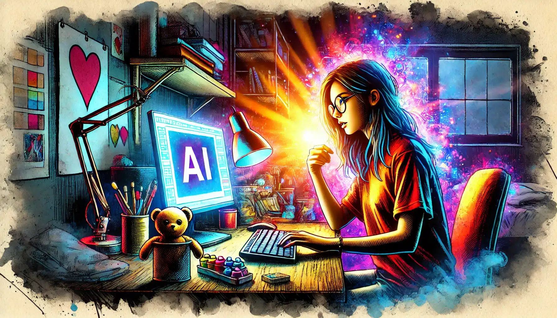 A person with glasses sits at a desk, interacting with a computer displaying AI. Surrounded by colorful, fantasy-like effects and books reminiscent of Dungeons & Dragons, they have a teddy bear and art supplies nearby. A glowing lamp casts light over this enchanting scene.