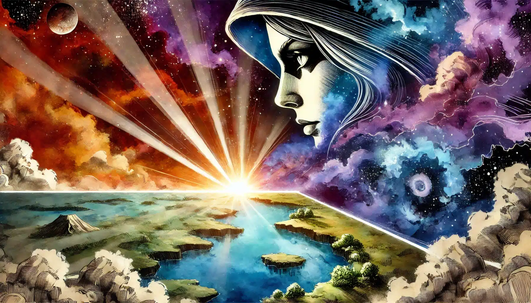 A surreal landscape illustrates a sunrise over a sea with rocky outcrops and green patches. A giant face emerges from the colorful, cosmic sky, blending with stars and clouds, creating a mystical atmosphere reminiscent of a fantasy realm in Pathfinder RPG.