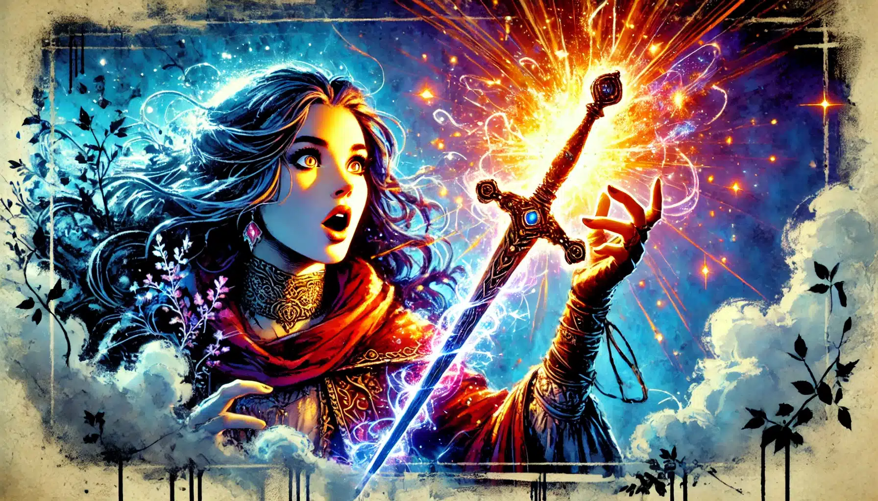 A woman with flowing hair and a red scarf looks amazed as she holds a glowing sword, surrounded by bright sparks and mystical energy against a blue, cloudy backdrop. In this scene reminiscent of a Pathfinder RPG adventure, light bursts forth from the sword, illuminating her face.