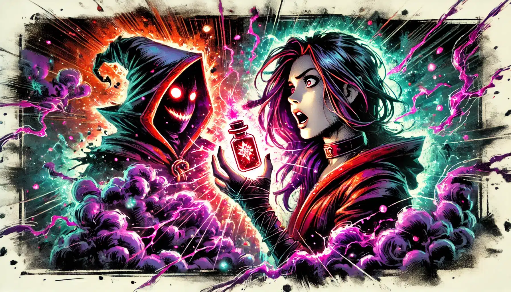 A woman with purple hair and a red cloak holds a glowing vial, her expression surprised. Opposite her, a hooded figure with a sinister smile emerges from a magical, smoky aura reminiscent of a Dungeons & Dragons campaign. Bright, vivid colors and lightning effects surround them.