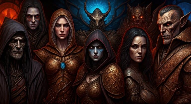 A group of seven fantasy characters in detailed armor and robes stand solemnly, evoking a classic Dungeons & Dragons vibe. Each has distinctive features, including glowing eyes, elaborate headpieces, and intricate patterns. The background showcases mystical blue and orange hues.