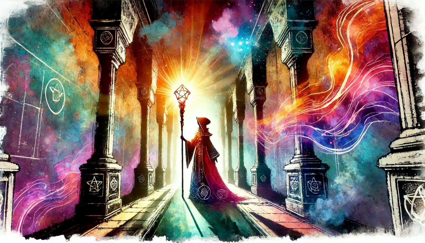 A mystical figure in a red cloak stands at the center of a corridor lined with ornate pillars, holding a glowing staff. Vibrant, swirling colors suggest magical energy, reminiscent of scenes from Pathfinder RPG or Dungeons & Dragons campaigns.