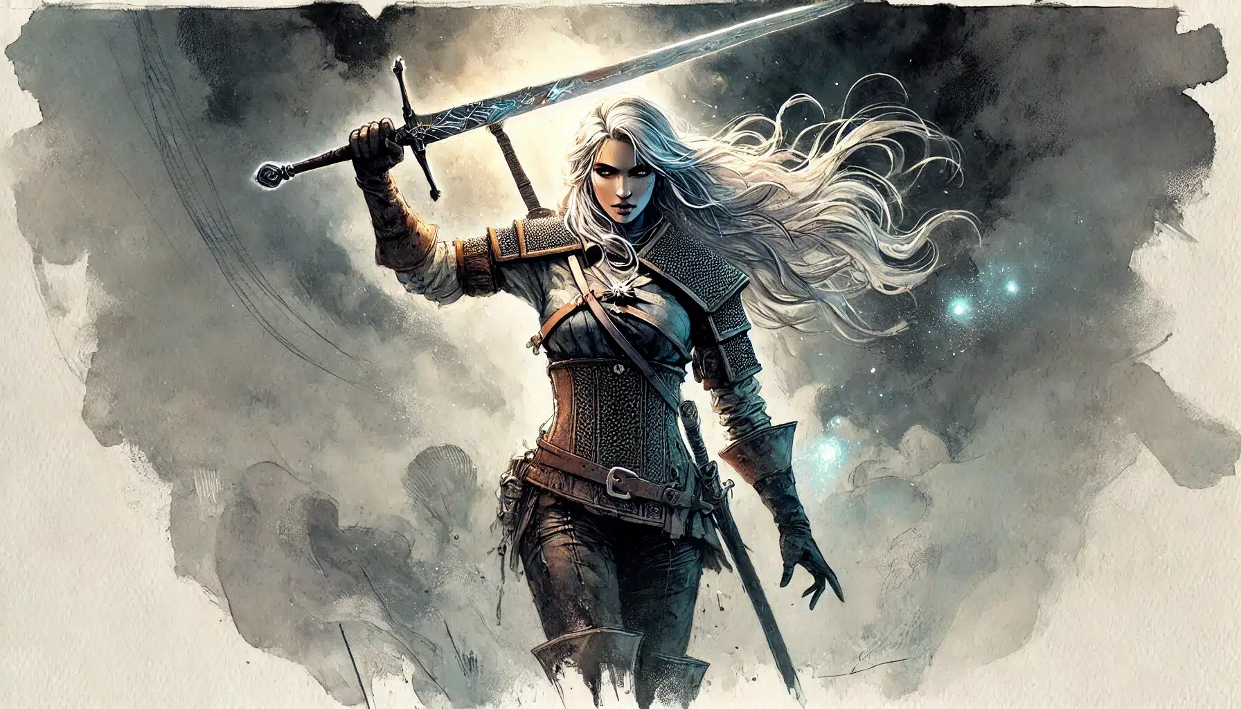 A fantasy illustration of a woman with long silver hair, wielding a large sword. She wears detailed medieval armor, reminiscent of Dungeons & Dragons adventures, and stands confidently in a misty, ethereal environment with glowing orbs floating around her.