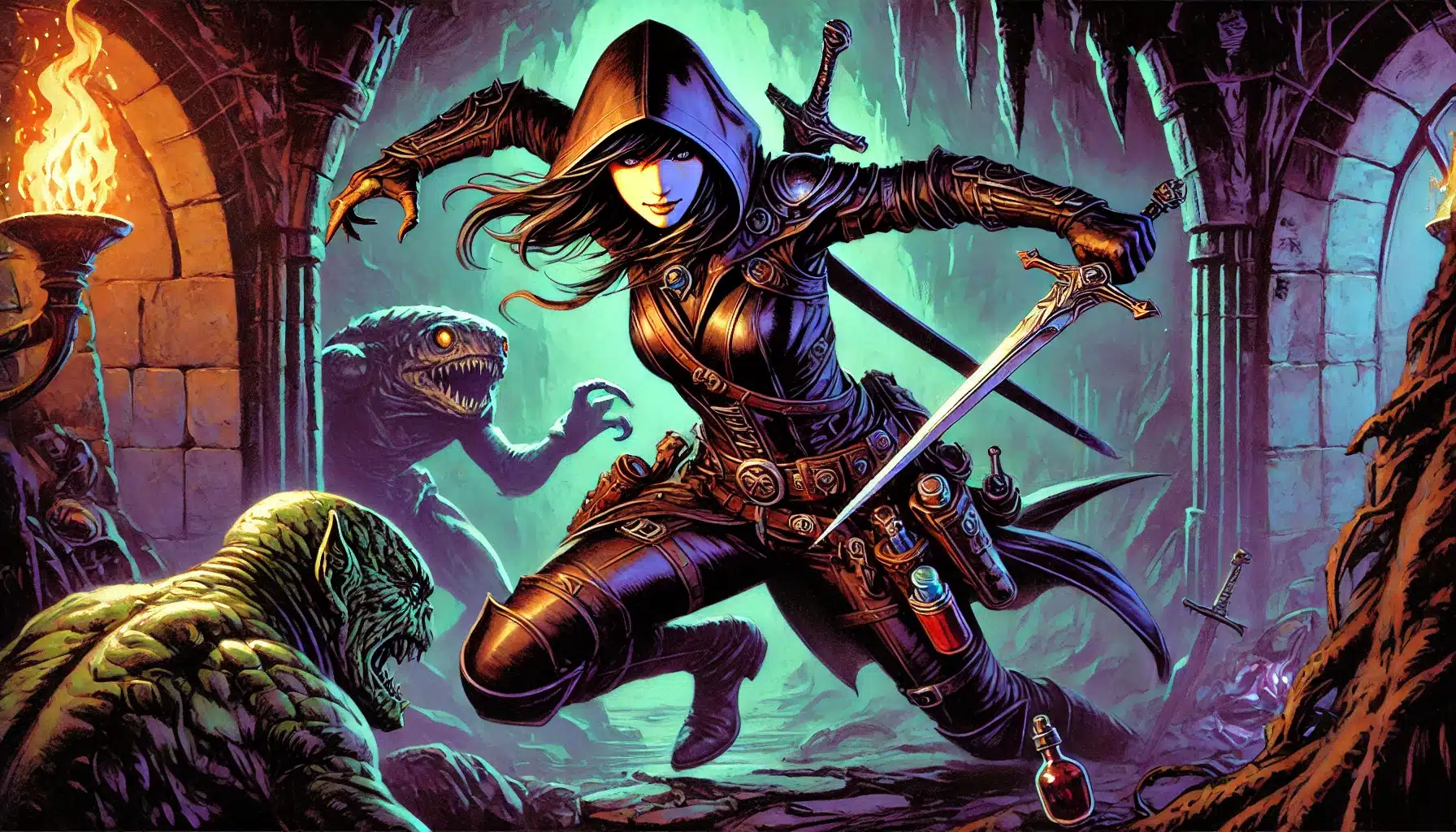 A hooded female rogue in sleek armor sprints through a dimly lit dungeon, reminiscent of a DND adventure. She wields a sword with ease, potions clinking at her belt. Goblin-like creatures close in as a torch casts an eerie glow on the stone walls, evoking the thrill of fantasy quests.