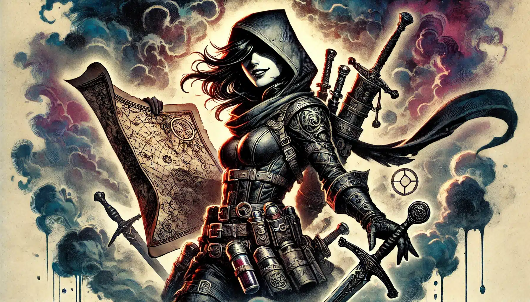 A hooded female adventurer, embodying the spirit of a Pathfinder RPG, holds a detailed map in one hand against a dramatic, smoke-filled backdrop. Her intricate armor gleams as multiple swords are strapped to her back, creating a dynamic and mystical fantasy scene.