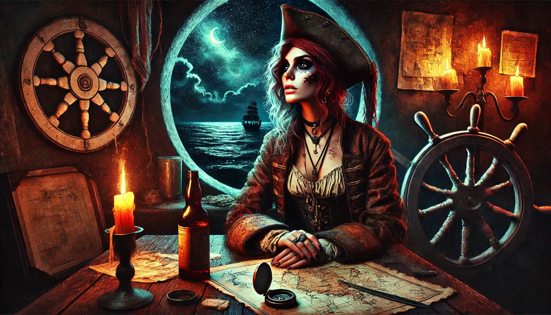 A woman dressed as a pirate, seemingly plotting her next adventure, sits at a wooden table adorned with maps and a compass. Nearby, a candle flickers beside a bottle. Through the circular window, the moonlit sea reveals a sailing ship—a scene straight from a fantasy ttrpg.