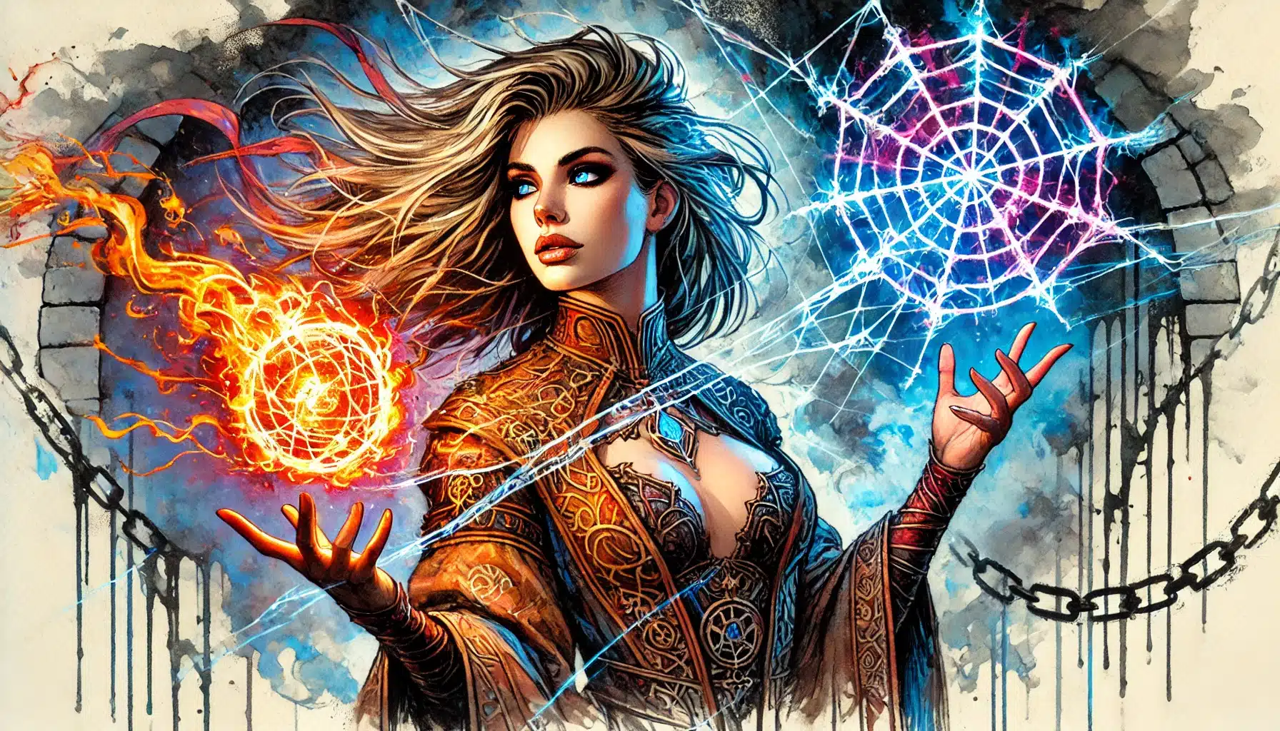 In a fantasy realm perfect for a tabletop RPG campaign, a woman in an ornate robe casts spells. Her hair flows as she balances fire in one hand and a web-like blue energy in the other, against a stormy backdrop of swirling clouds and chains.