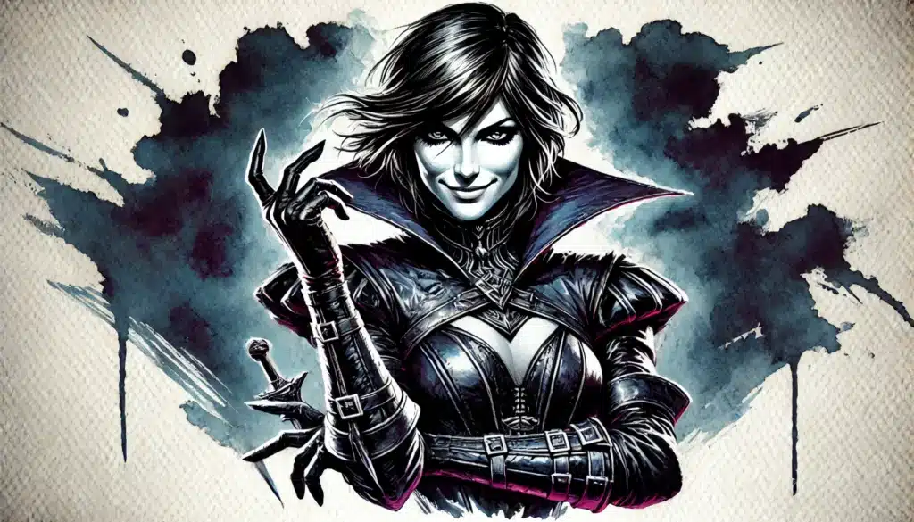 Illustration of a mysterious, confident woman with short hair in black armor. She stands against a smoky background, holding a dagger and smirking—evoking the intrigue of Pathfinder RPG or a dark fantasy tabletop RPG.