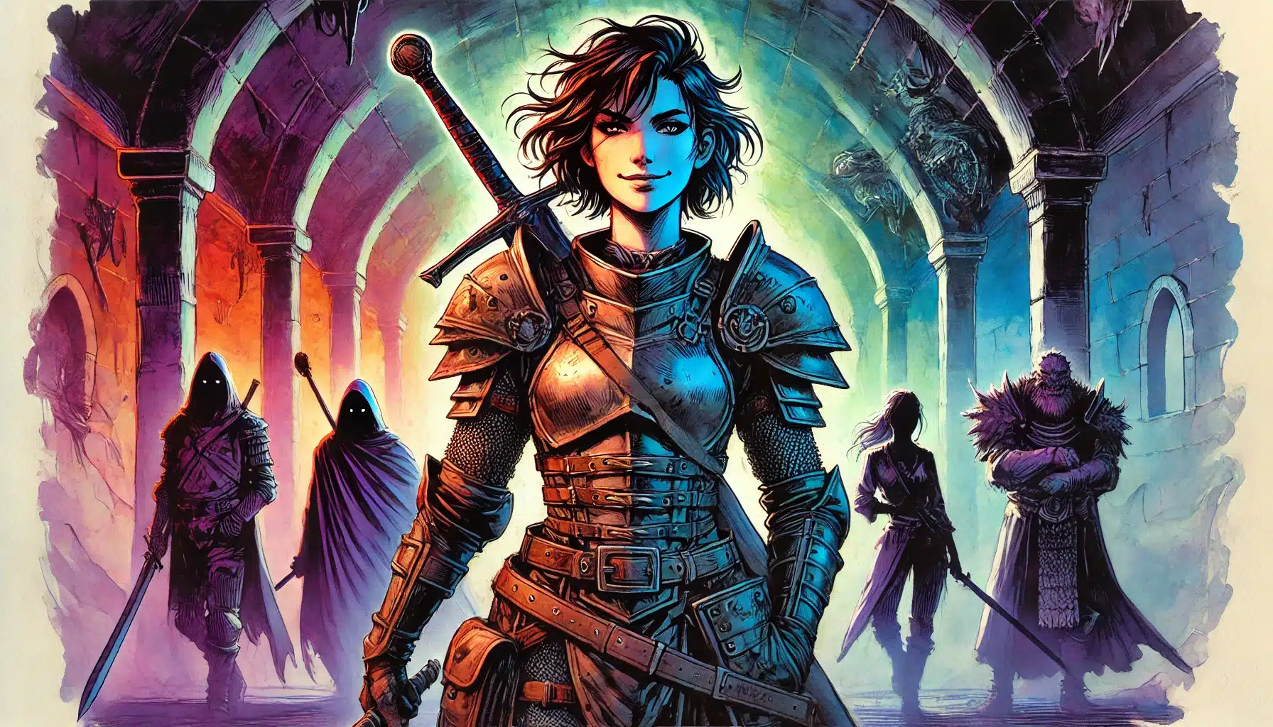 A confident warrior in armor stands at the forefront with a sword on her back, embodying the spirit of a tabletop RPG hero. Behind her, four shadowy figures, two cloaked and two armored, advance through an arched, colorful stone corridor. The atmosphere is adventurous and mystical.