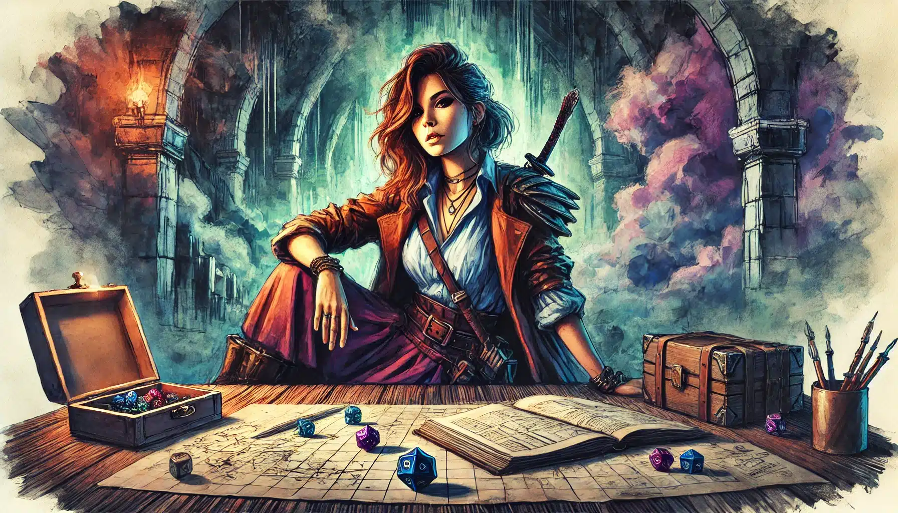 A woman in adventure attire sits confidently at a table with a sword on her back, surrounded by maps, dice, and gear typical of a tabletop RPG. The background features archways and glowing torches, evoking a sense of fantasy and exploration.