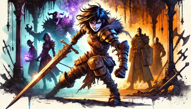 A fierce female warrior in ornate armor wields a sword, front and center. Behind her, four shadowy, armored figures stand ominously in a mystical setting. The scene is vibrant with blue and orange lighting, capturing the essence of a TTRPG fantasy adventure.