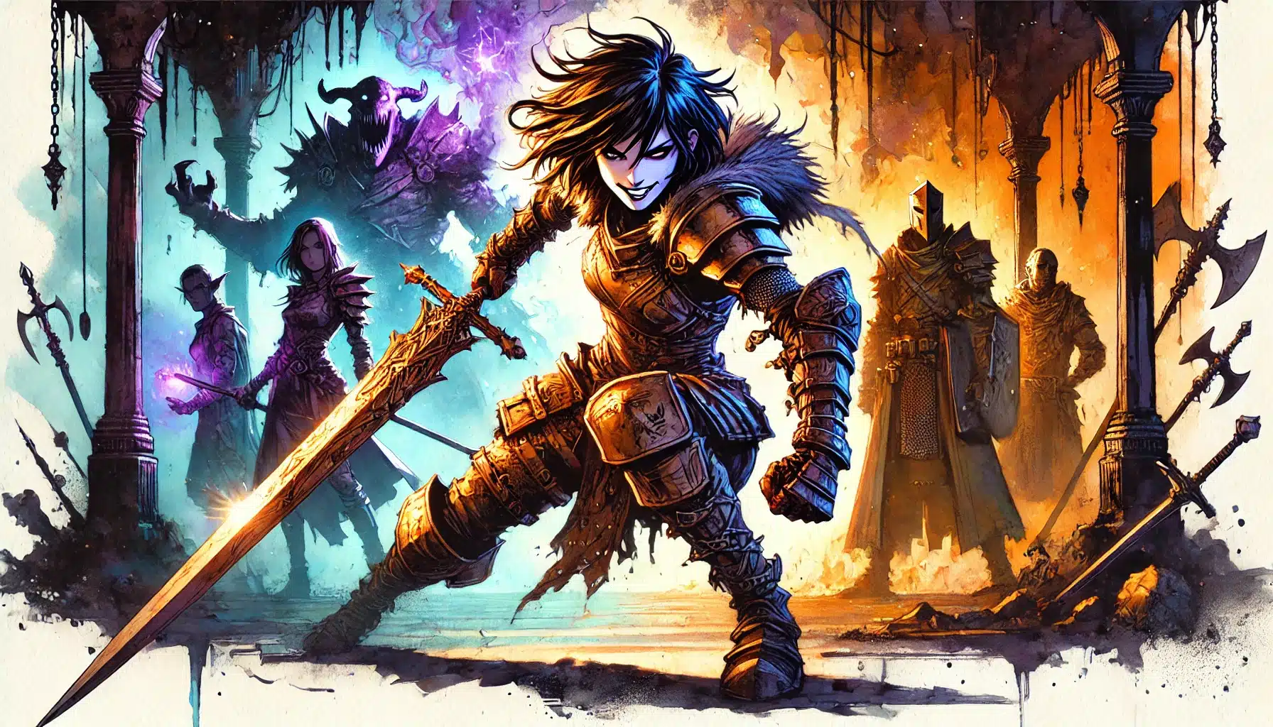 A fierce female warrior in ornate armor wields a sword, front and center. Behind her, four shadowy, armored figures stand ominously in a mystical setting. The scene is vibrant with blue and orange lighting, capturing the essence of a TTRPG fantasy adventure.