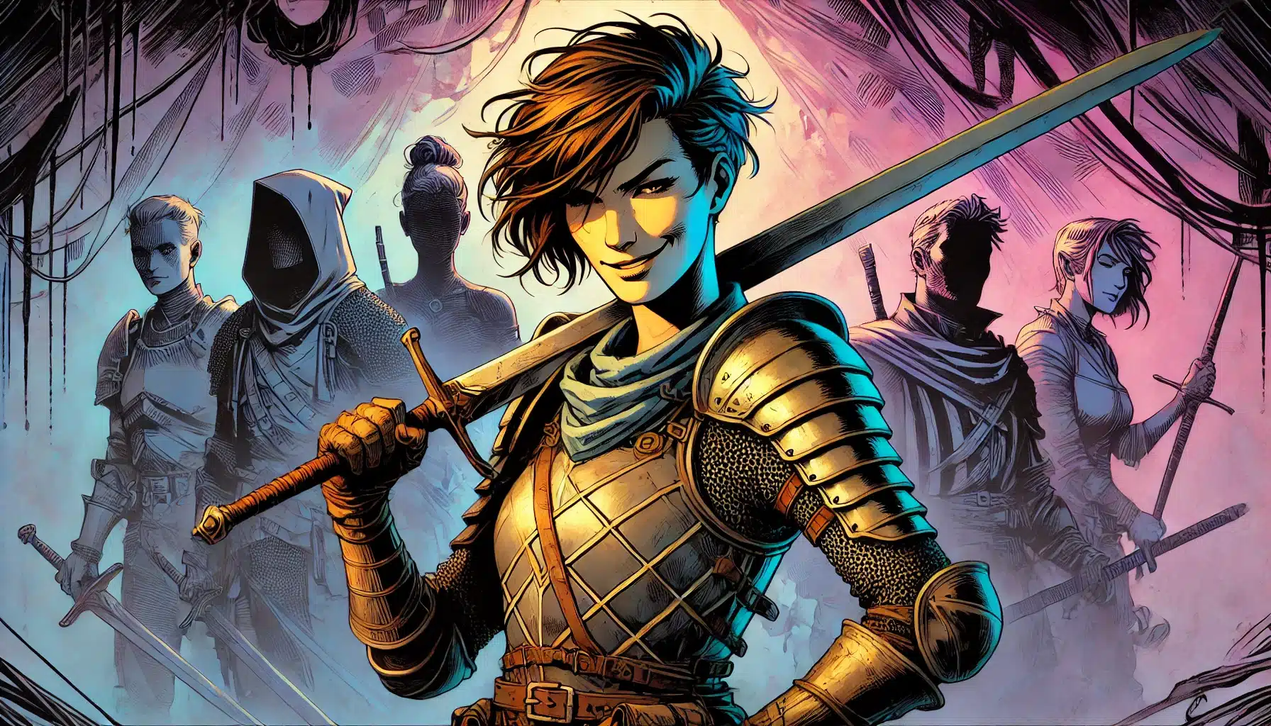 A confident warrior with short, tousled hair and armor stands holding a sword on her shoulder, ready for any tabletop RPG adventure. Behind her, four shadowy figures wield various weapons and attire, silhouetted against a vibrant, colorful background.