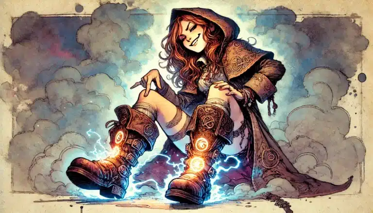 A smirking girl in a detailed hooded cloak and large boots with glowing symbols sits amidst swirling clouds. Electricity emanates from her boots, conjuring a mystical, powerful atmosphere—perfect for a scene straight out of Dungeons & Dragons.