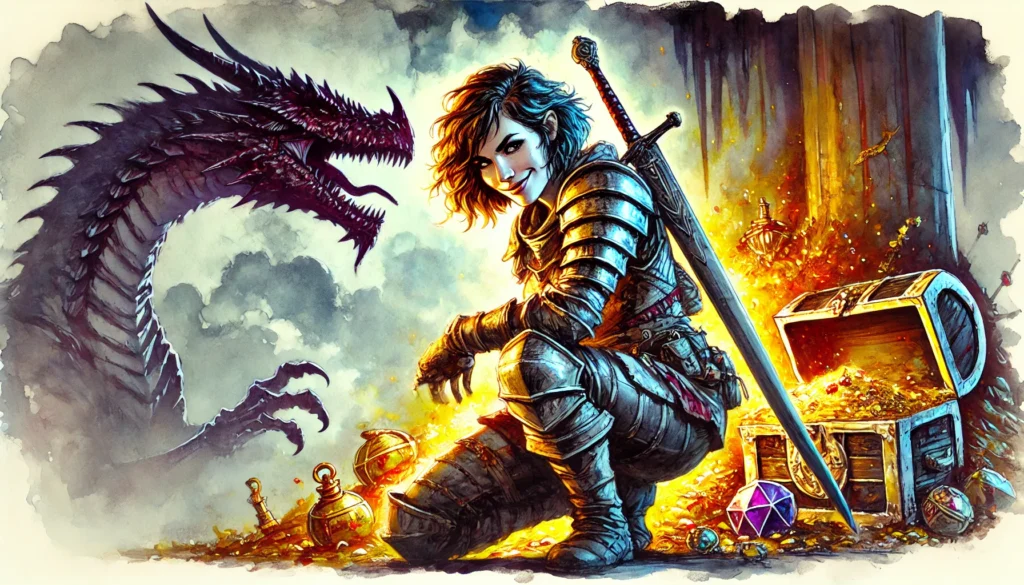 A warrior in armor crouches amid glowing treasure, holding a sword. A fierce, black dragon looms behind, with an open chest full of gold and gems nearby. The scene, reminiscent of a classic Dungeons & Dragons encounter, unfolds in a dim, cave-like environment.